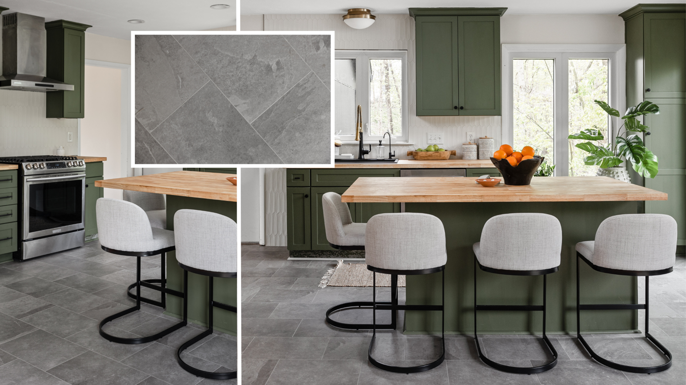 Grey Riven Slate ST16 with concrete-colored design strips DS12 in Tad's kitchen remodel from Good Bones season 8