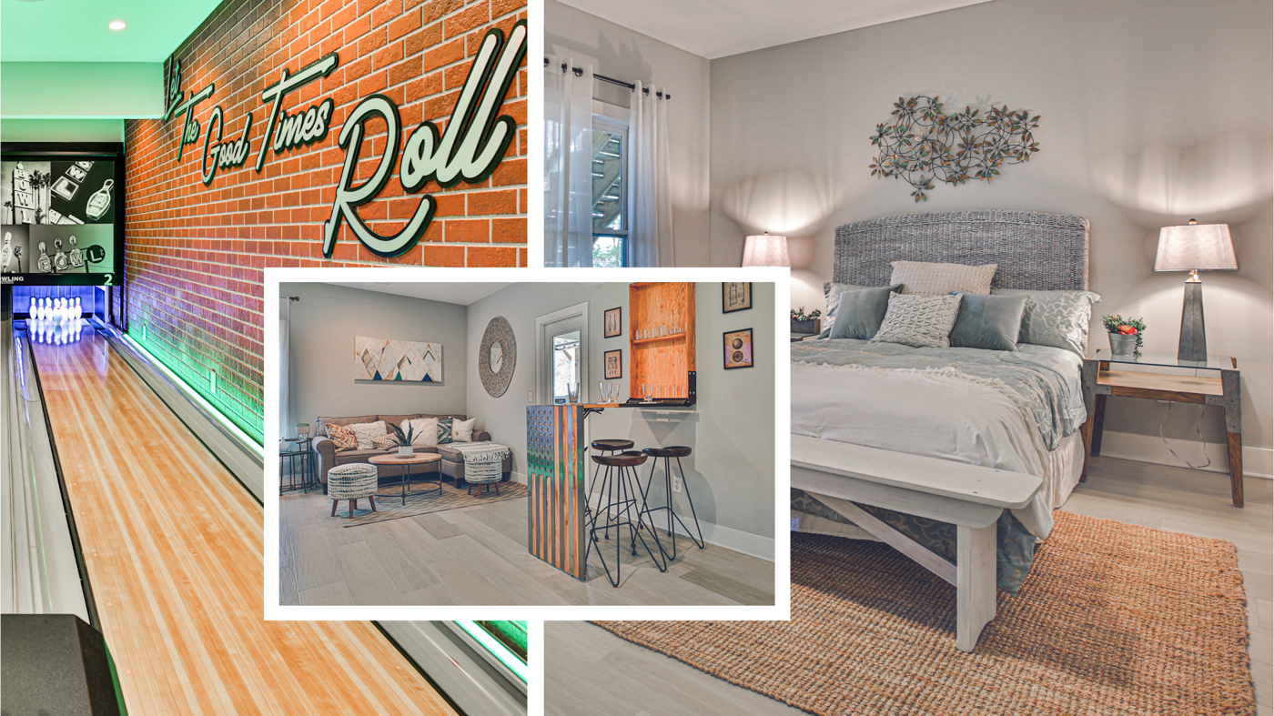Basement bowling alley and bedroom featuring Glacier Oak RL21 from Rock The Block Season 2