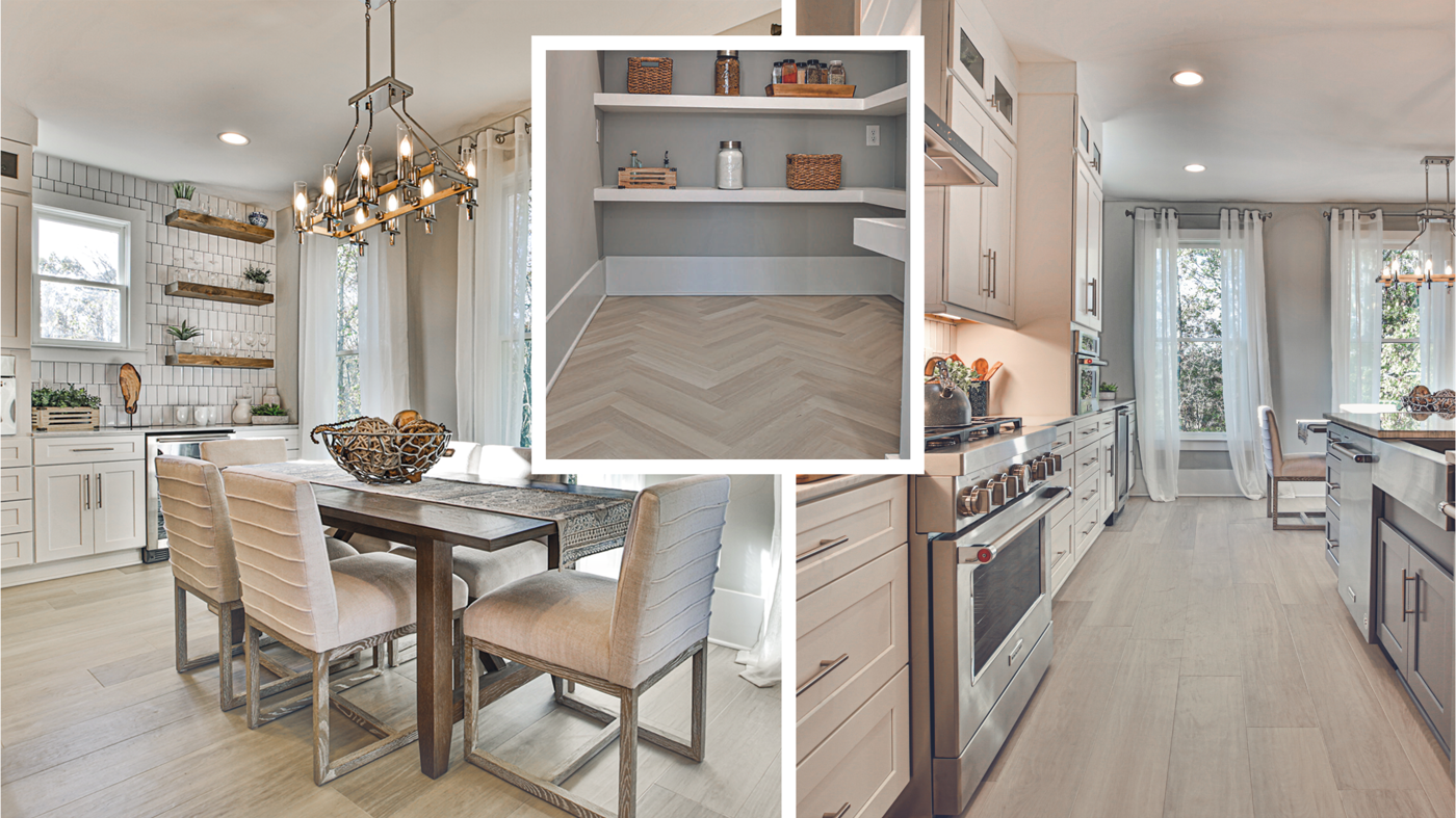 Brian and Mika's final kitchen, dining and pantry using Glacier Oak RL21 and herringbone SM-RL21