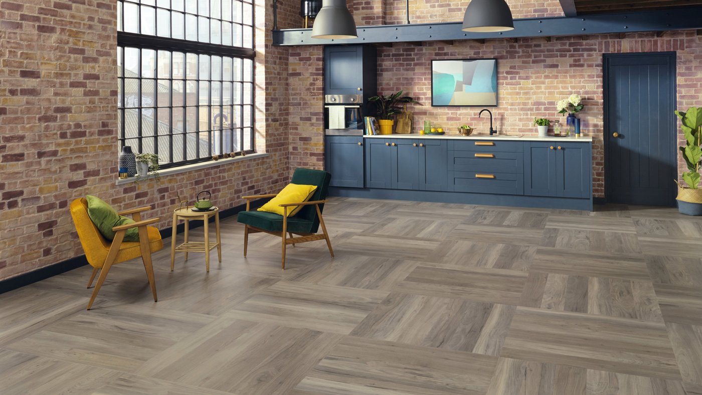 Bleached Grey Walnut WP329 in a block pattern in a loft kitchen