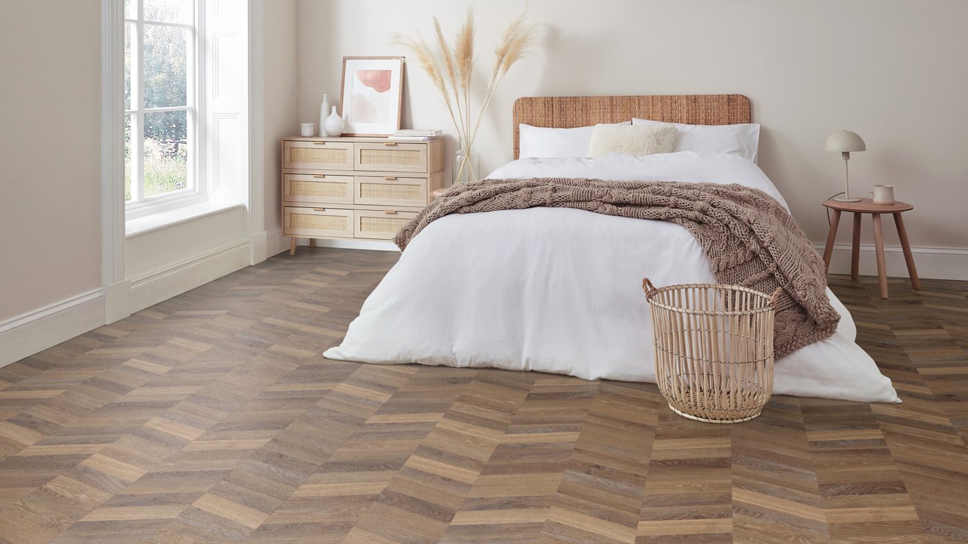 Bedroom with a chevron patterned floor using Mid Limed Oak CH-KP96 | SCB-CH-KP96