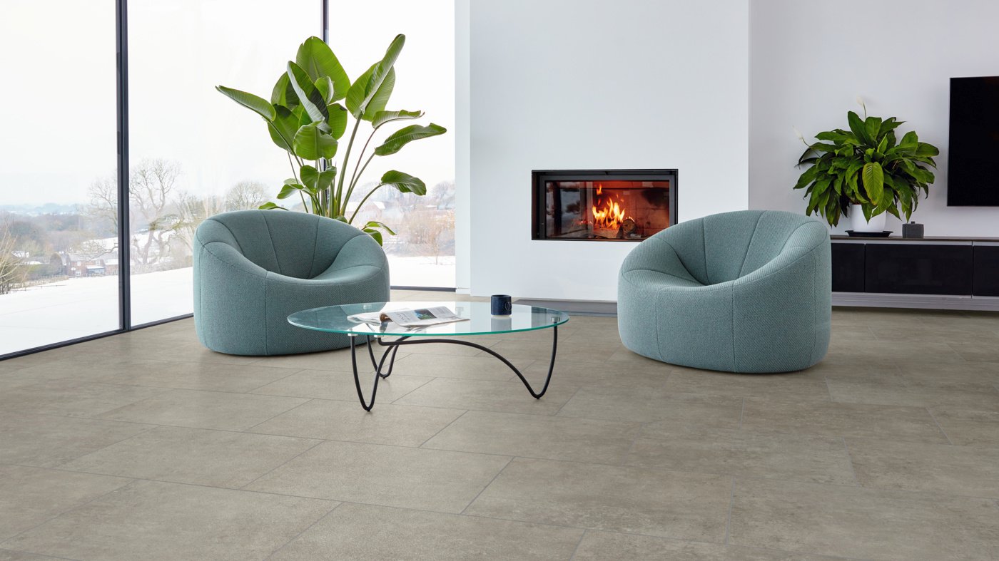 Pebble Grey RKT3009-G in a living room with a modern fireplace