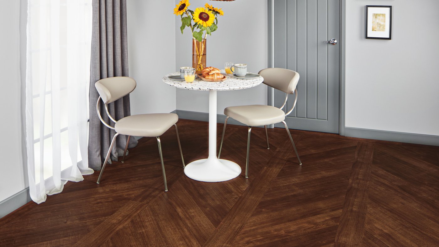 Rubra WP316 in a broken chevron pattern in a dining room Opus