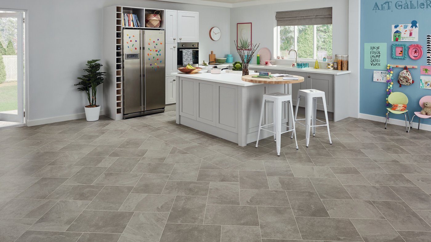 Grey slate flooring (ST16 Grey Riven Slate) in a Family kitchen