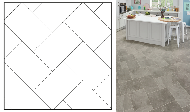 Stone herringbone shown as a pattern and used in a kitchen