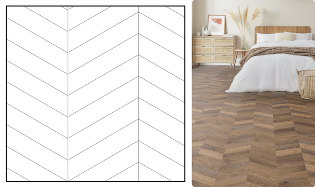 Wood chevron shown as a pattern and used in a bedroom
