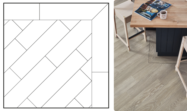 Wood diagonal floors with a border shown as a pattern and used around a kitchen island