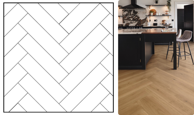 Wood herringbone shown as a pattern and used in a kitchen