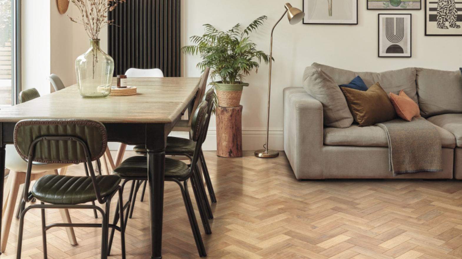 Karndean blond oak parquet wood flooring in a dining and living room