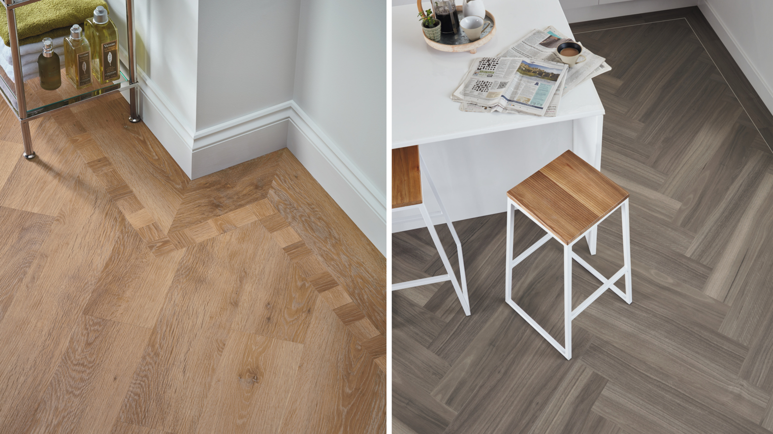 Pale Limed Oak KP94 with a block border and Urban Spotted Gum KP141 herringbone floors with a Chalk design strip border