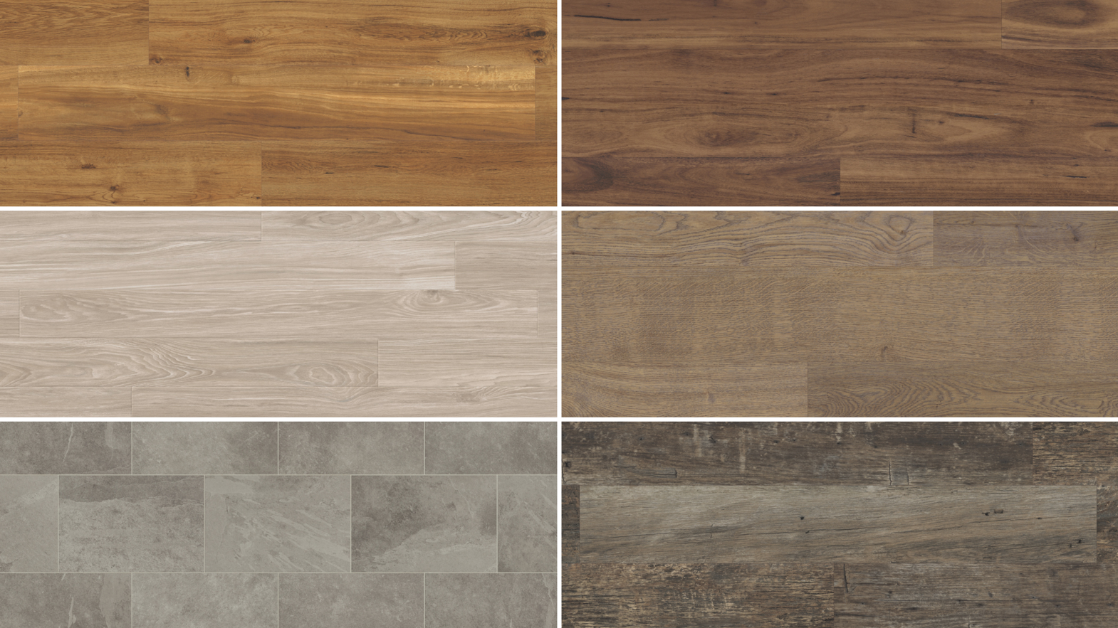 Pictured left: Classic Oak VGW86T| SCB86, Belmont Hickory RL45 | AKP-RL45, Grey Riven Slate ST16 | SCB-ST16-G; Pictured right: Character Walnut LLP315, Smoked Butternut RKP8107, Reclaimed Redwood VGW99T | SCB99.