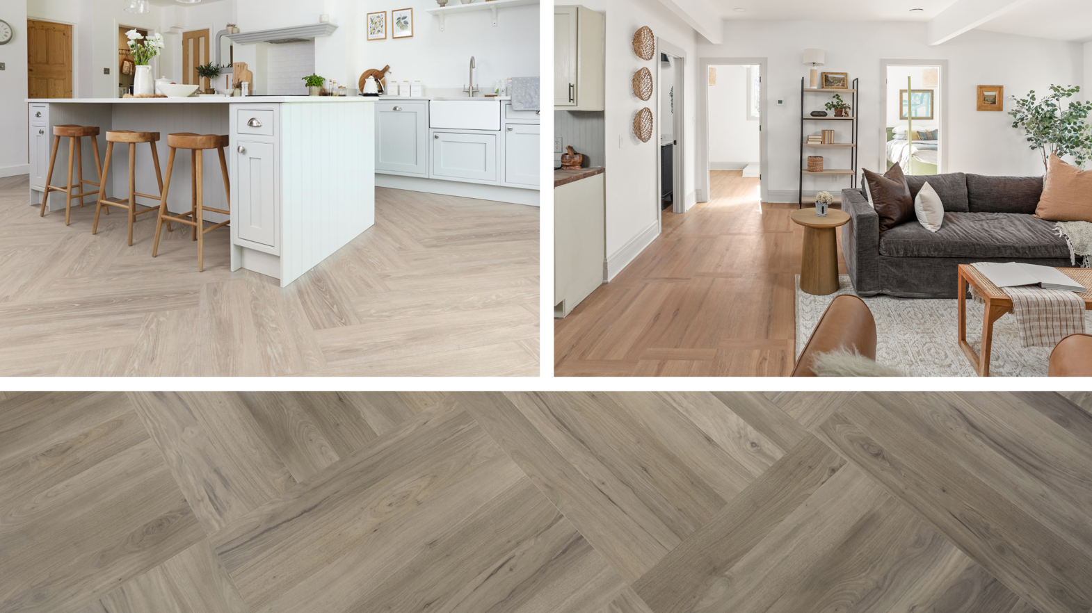 Top Left: Kitchen with Ashland LLP95 in a herringbone pattern; Top Right: Mina's basket weave pattern in a living room; Bottom: Bleached Grey Walnut WP329 in a block pattern