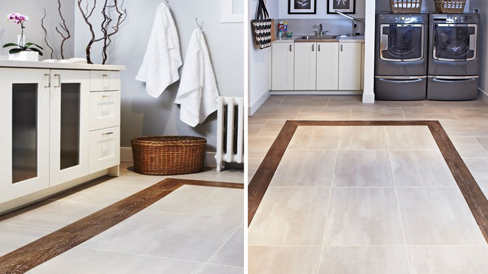 Peter Fallico used oak lvt to create a border in a bathroom and laundry room with Terra floors