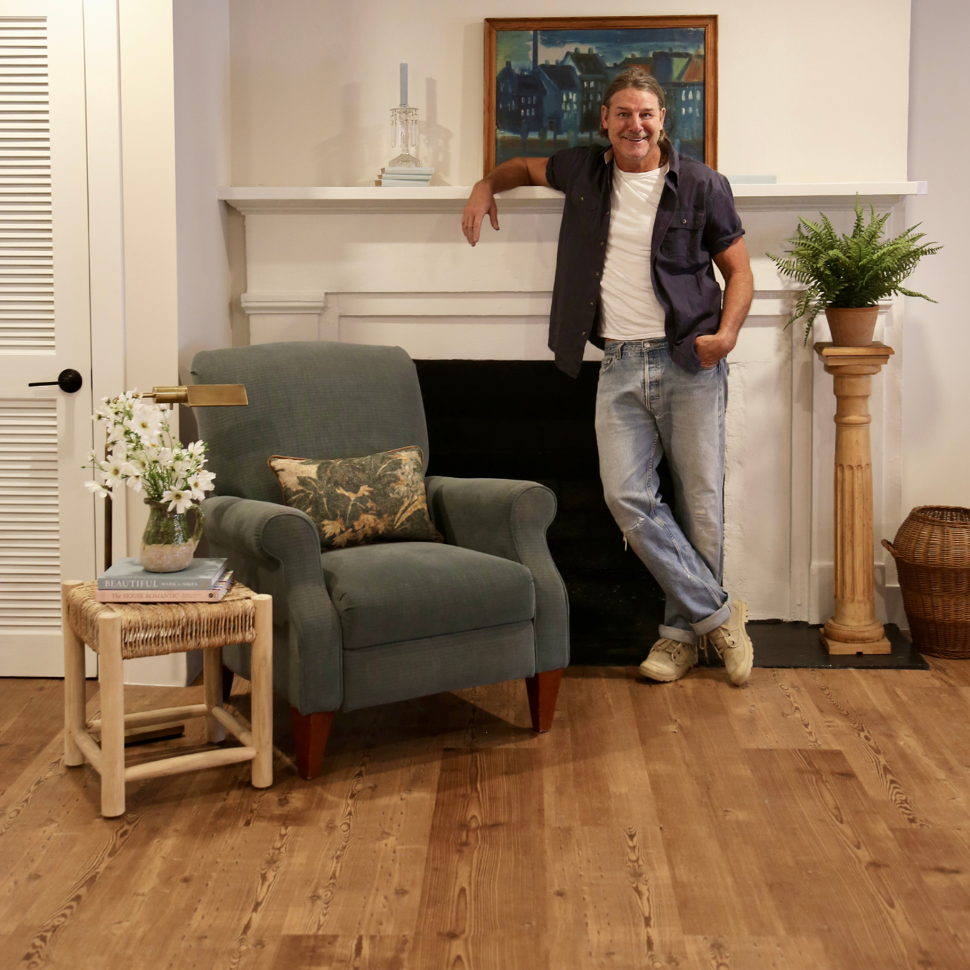 Reclaimed Heart Pine LLP305 in a redesigned parlor by Ty Pennington