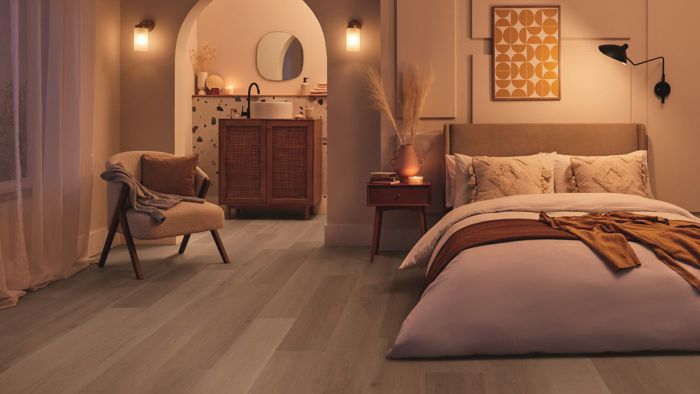 Elevate your bedroom area with opulent luxury vinyl flooring.