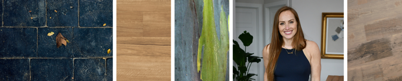 Collage of Lemon Spotted Gum LLP317, Weathered American Pine LLP335, Mina Starsiak Hawk and blue tile