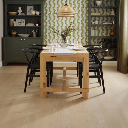 Green maximalist dining room with Pale Artisan Oak RL32 | AKP-RL32 floor