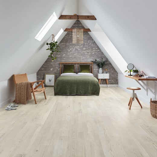 Grey Scandi Pine KP131 floors in an a-frame bedroom with green accents Knight Tile Rubens