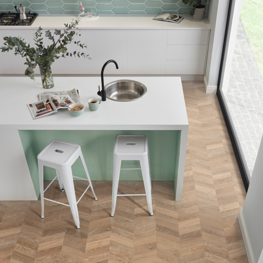 Chevroned patterned Pale Limed Oak Knight Tile SCB-CH-KP94 floors in a kitchen