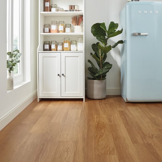 Honey Limed Oak KP155 SCB-KP155-6 in a kitchen with a retro powder blue refrigerator Knight Tile