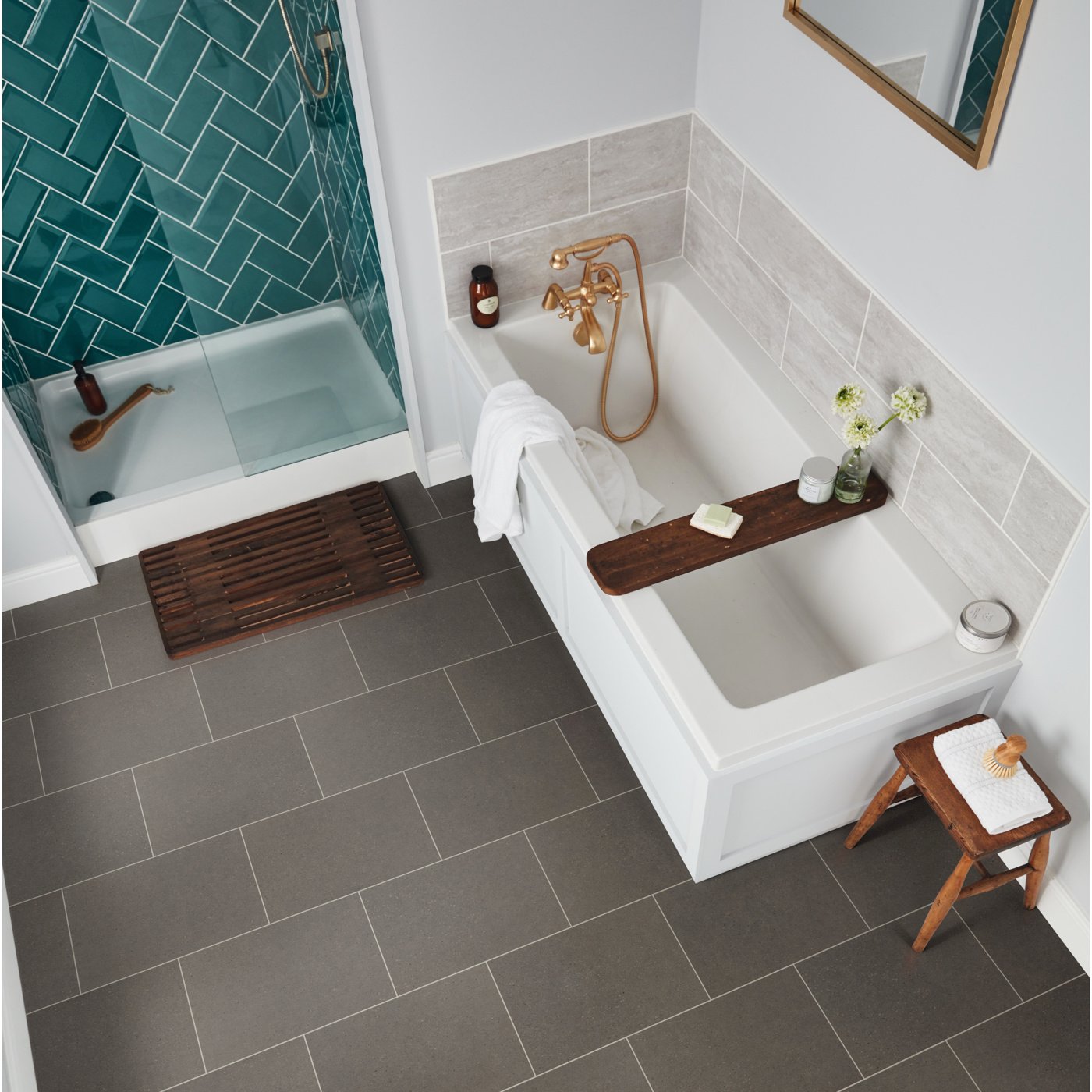 Bern Stone ST30 with DS12 design strips in a white and teal bathroom Knight Tile