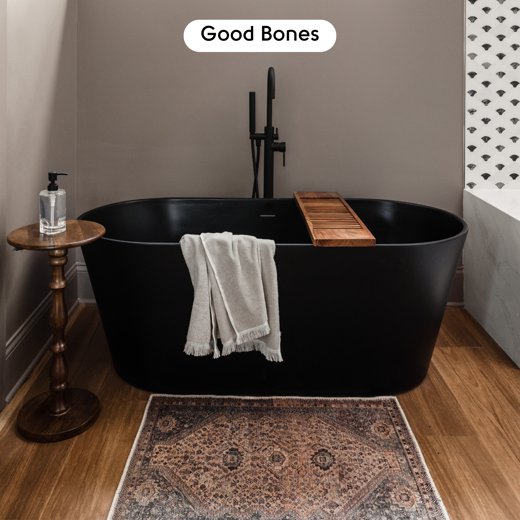 Lemon Spotted Gum LLP317 floors in a bathroom with a free-standing tub by Mina Starsiak Hawk on Good Bones; photo credit: Cory Phillips, The Home Aesthetic