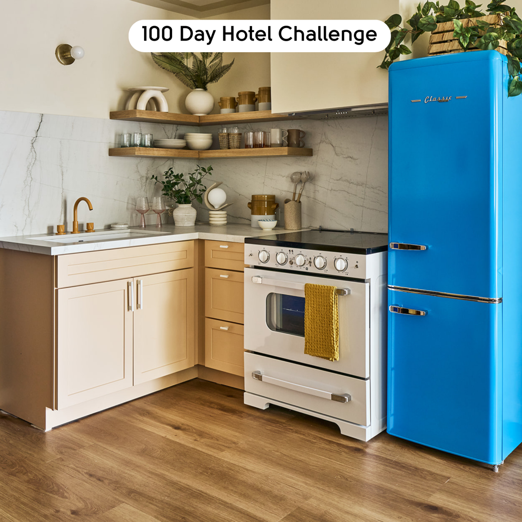 Golden Danish Oak LLP359 floors in a motel kitchen with an electric blue fridge designed by Brian Kleinschmidt in 100 Day Hotel Challenge