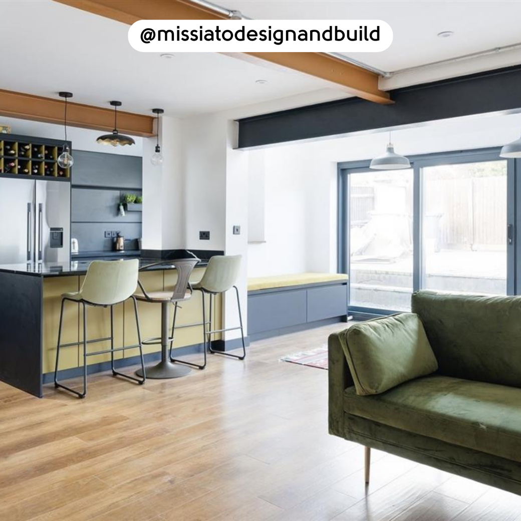 Open plan living room and kitchen with Spring Oak RL01 floors; photo credit: @missiadesignandbuild